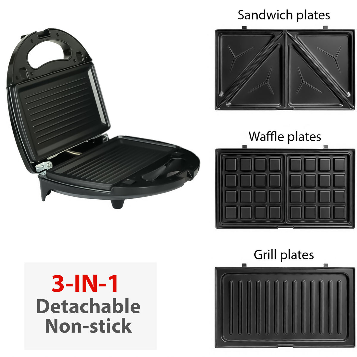 3 in 1 Sandwich Toaster & Waffle Maker 750W Panini Press Toaster Iron Grilled