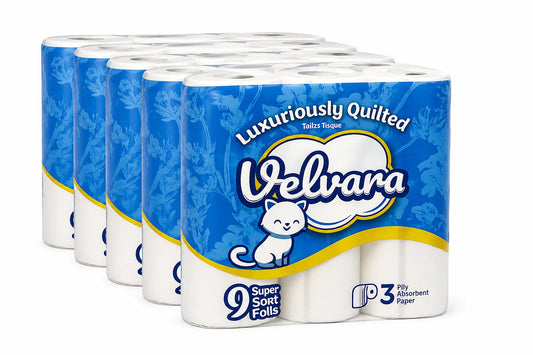 Velvara Luxury 3-Ply Toilet Roll, 45 Rolls (5 Packs x 9)