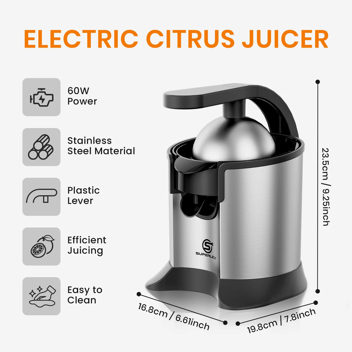 SUPERLEX Electric Citrus Juicer, 60W Stainless Steel