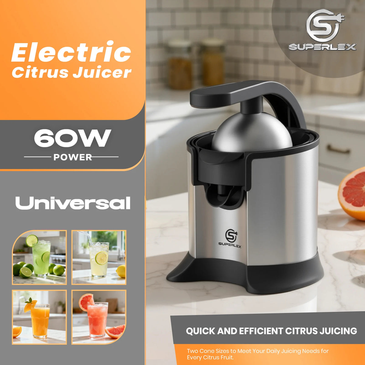 SUPERLEX Electric Citrus Juicer, 60W Stainless Steel