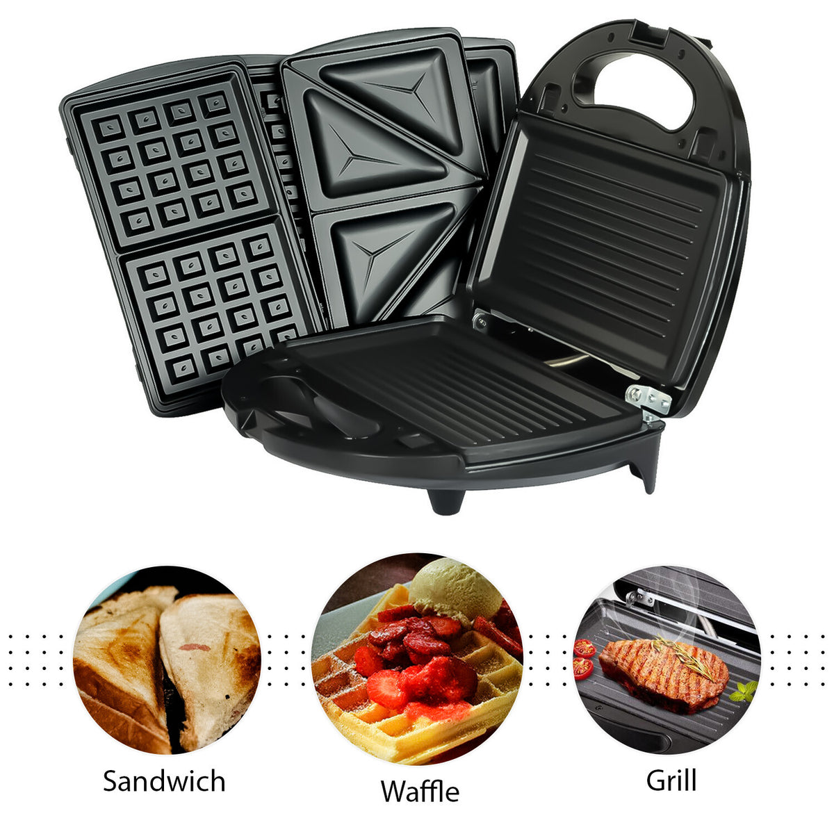 3 in 1 Sandwich Toaster & Waffle Maker 750W Panini Press Toaster Iron Grilled