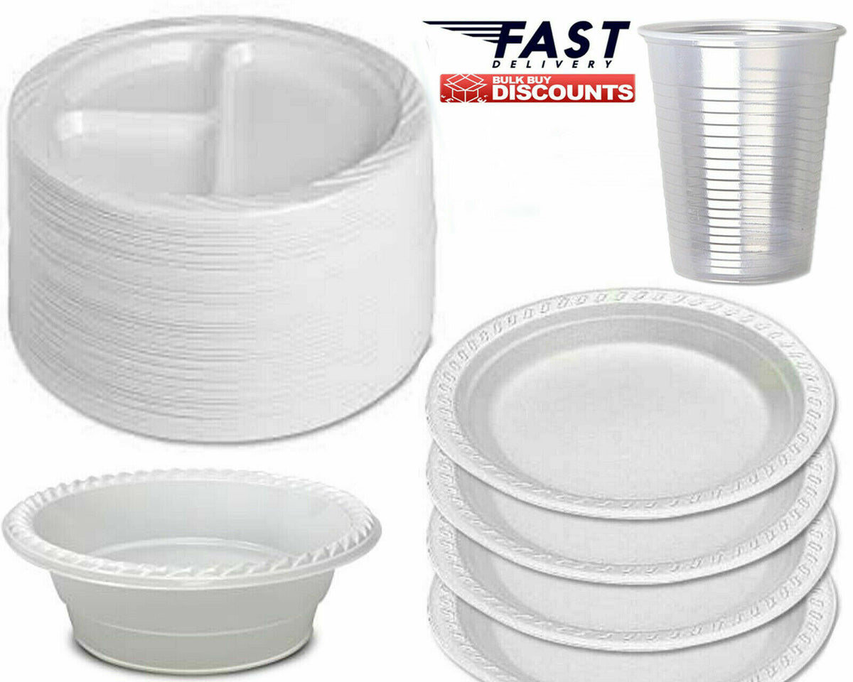 STRONG DISPOSABLE PLASTIC PLATES BOWLS WHITE round PLATE for PARTY CATERING